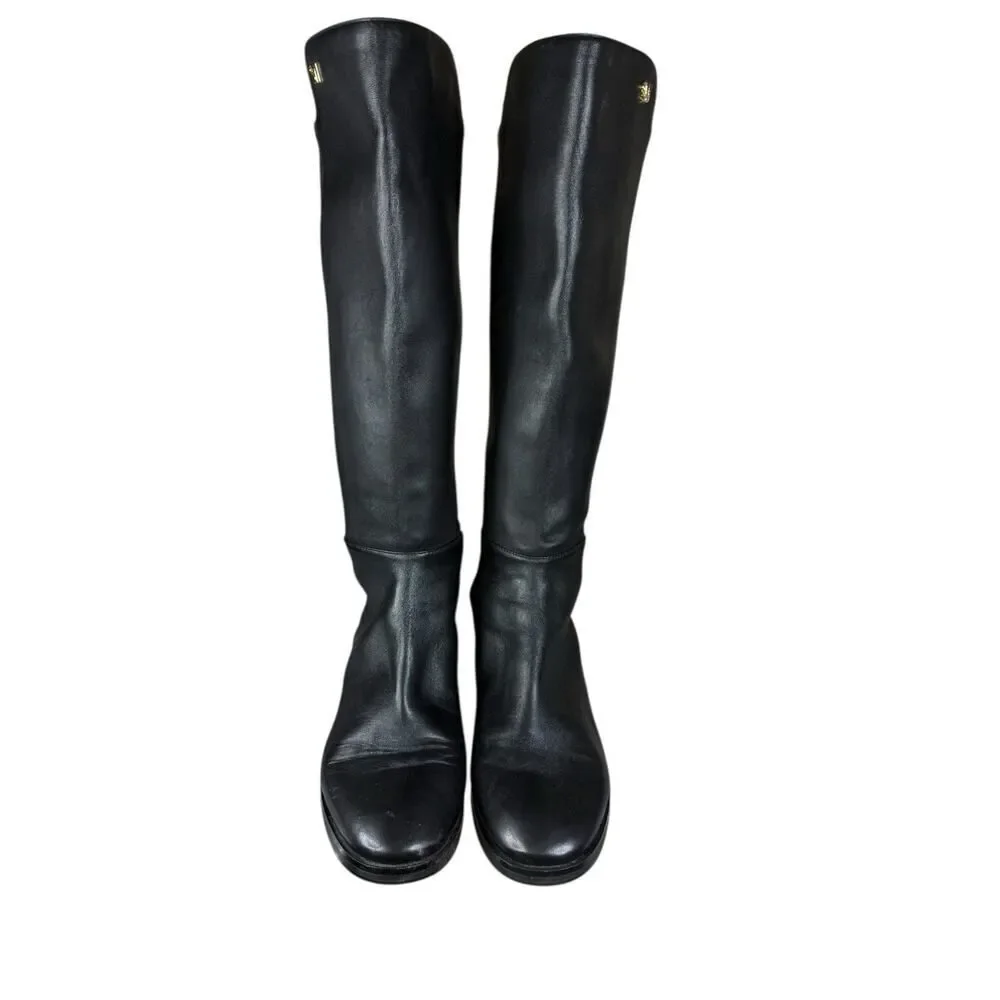 Stuart Weitzman Black Leather Stretch Riding Boots 8B Knee High SW Logo (defect)